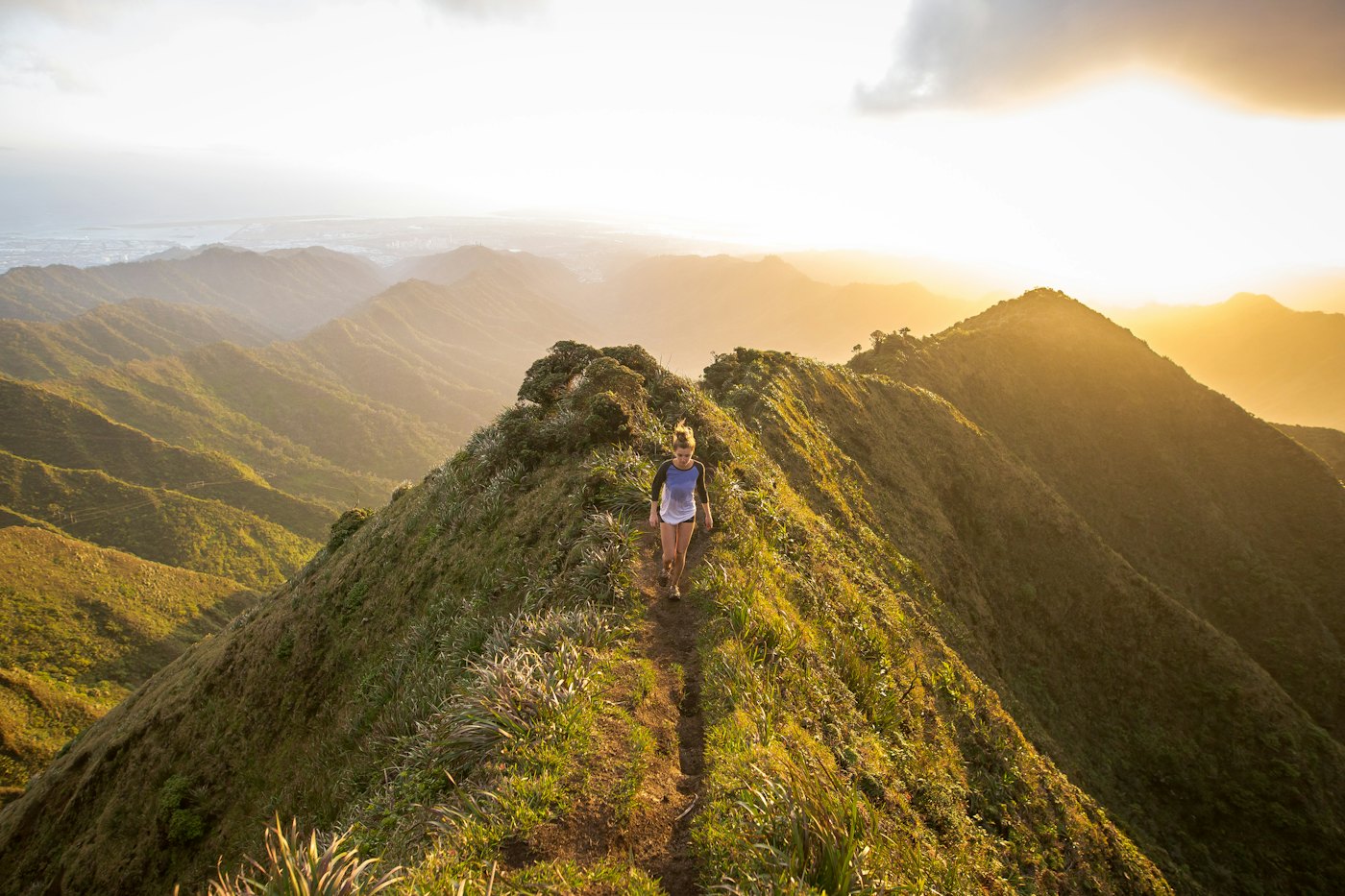 Walking a ridge path at golden hour